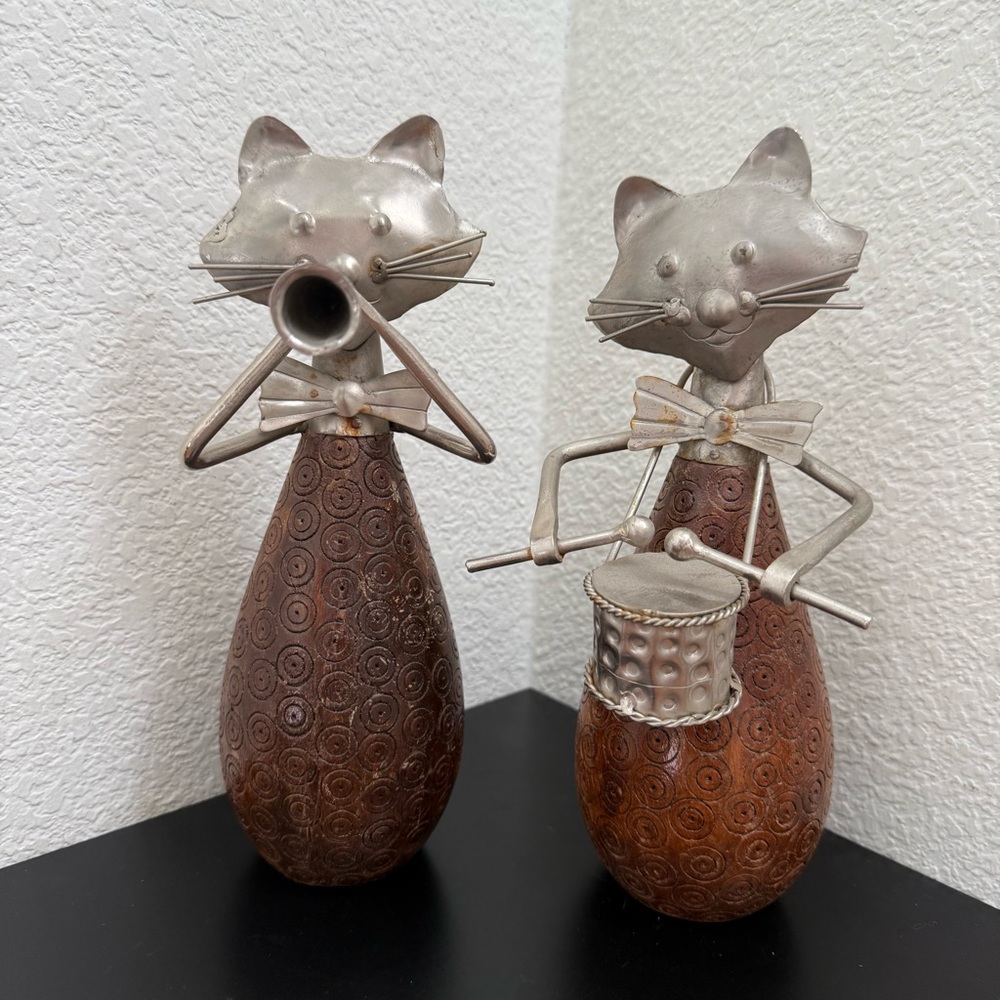 Set of 2 MCM Mid Century Modern Wood & Metal 10” Cat Sculpture Decor